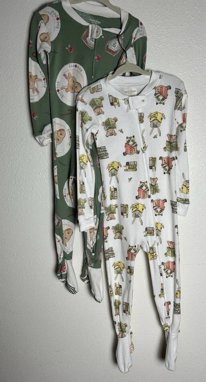 Lot of 2 Woodland & Holiday Burt’s Bees Baby Girl 24 Month Footie Pajamas